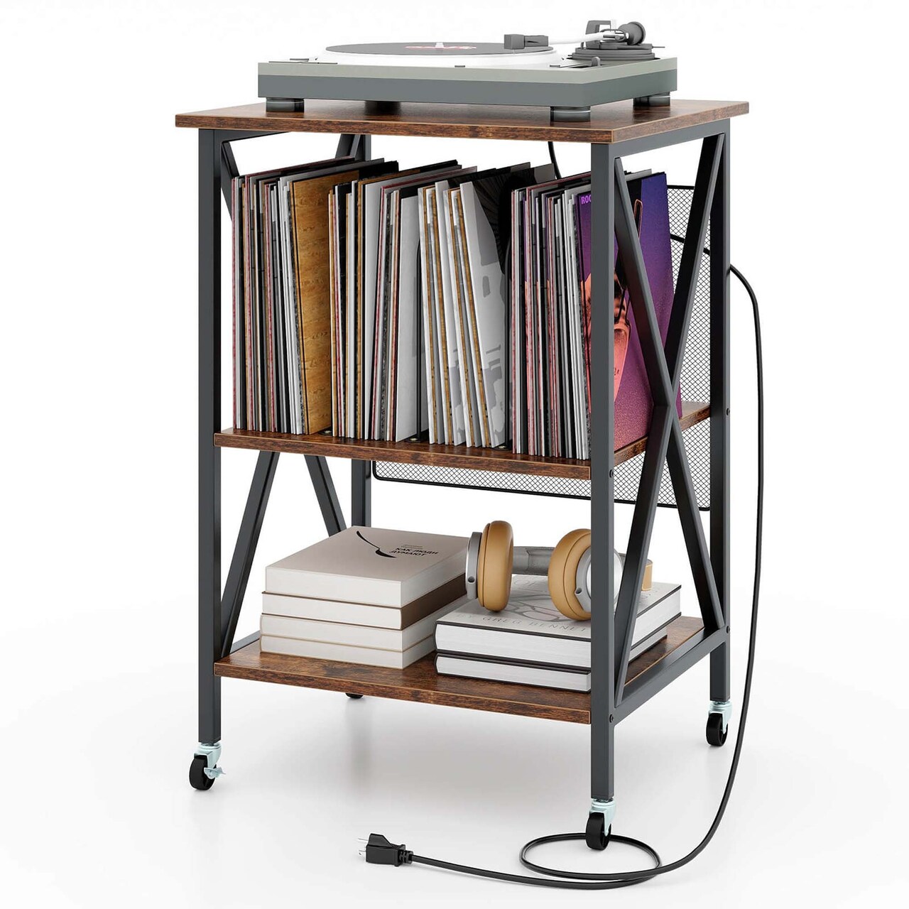 Costway Record Player Stand Vinyl Record Storage Table Holds Up to 120 Vinyl Records Grey/Coffee
